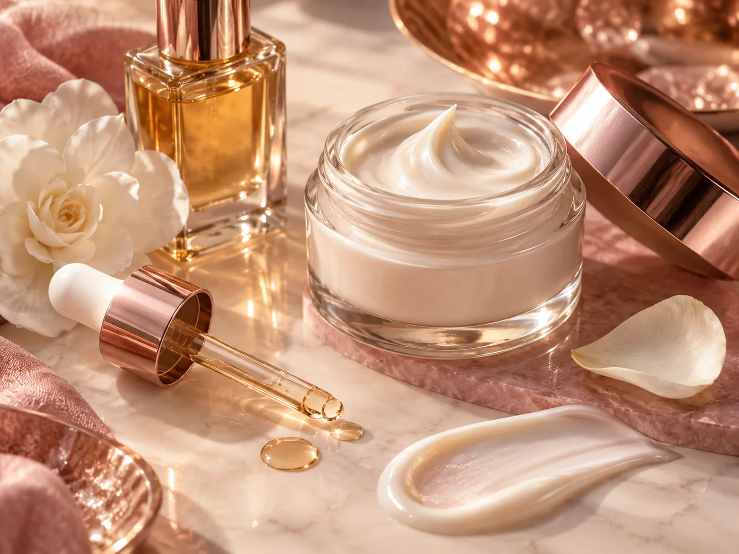 Skincare editorial with cream textures and gardenia petals