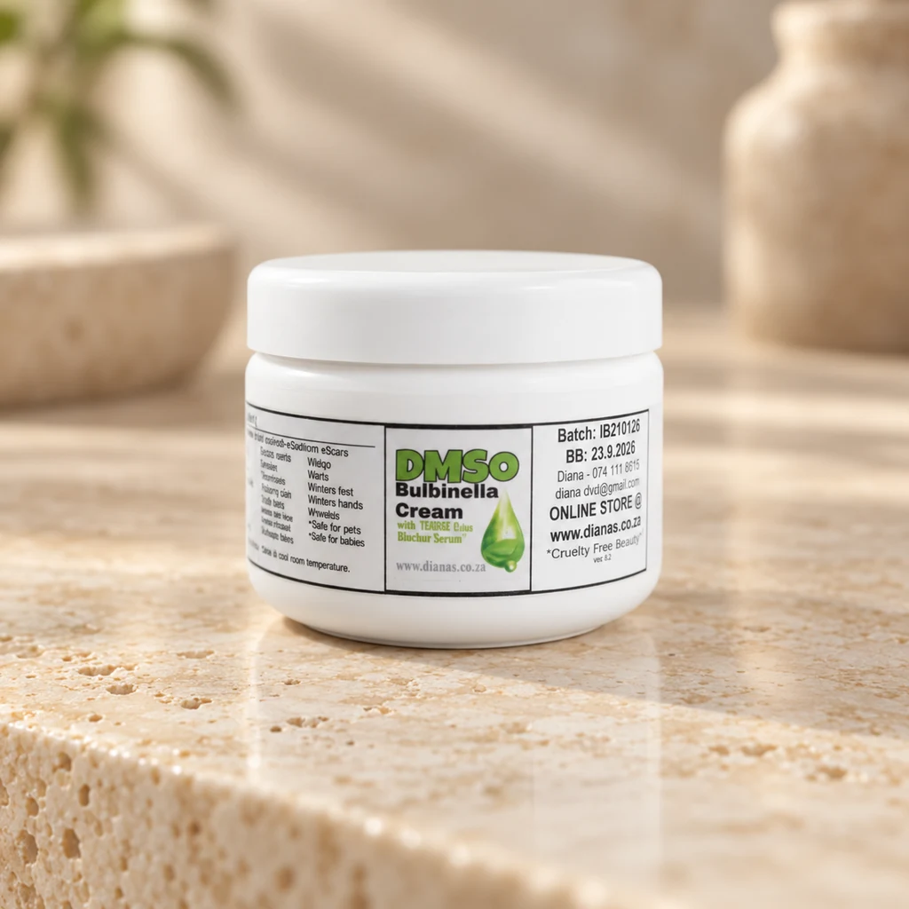 DMSO Bulbinella Cream — Diana's product in a warm stone editorial setting