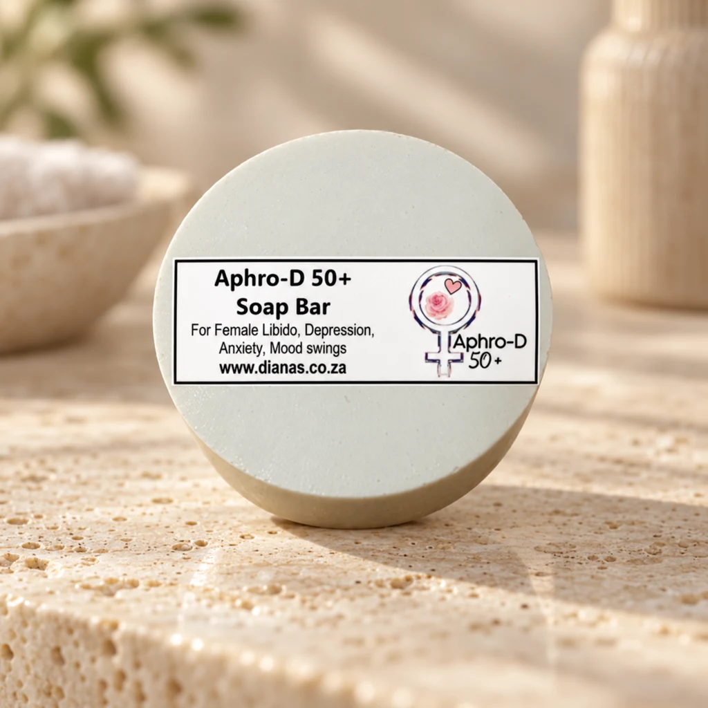 Aphro-D 50+ Support Soap Bar — Diana's product in a warm stone editorial setting