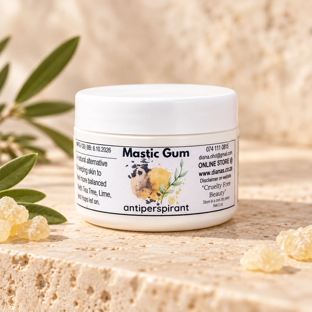 Mastic Gum Antiperspirant — Diana's product in a warm stone editorial setting
