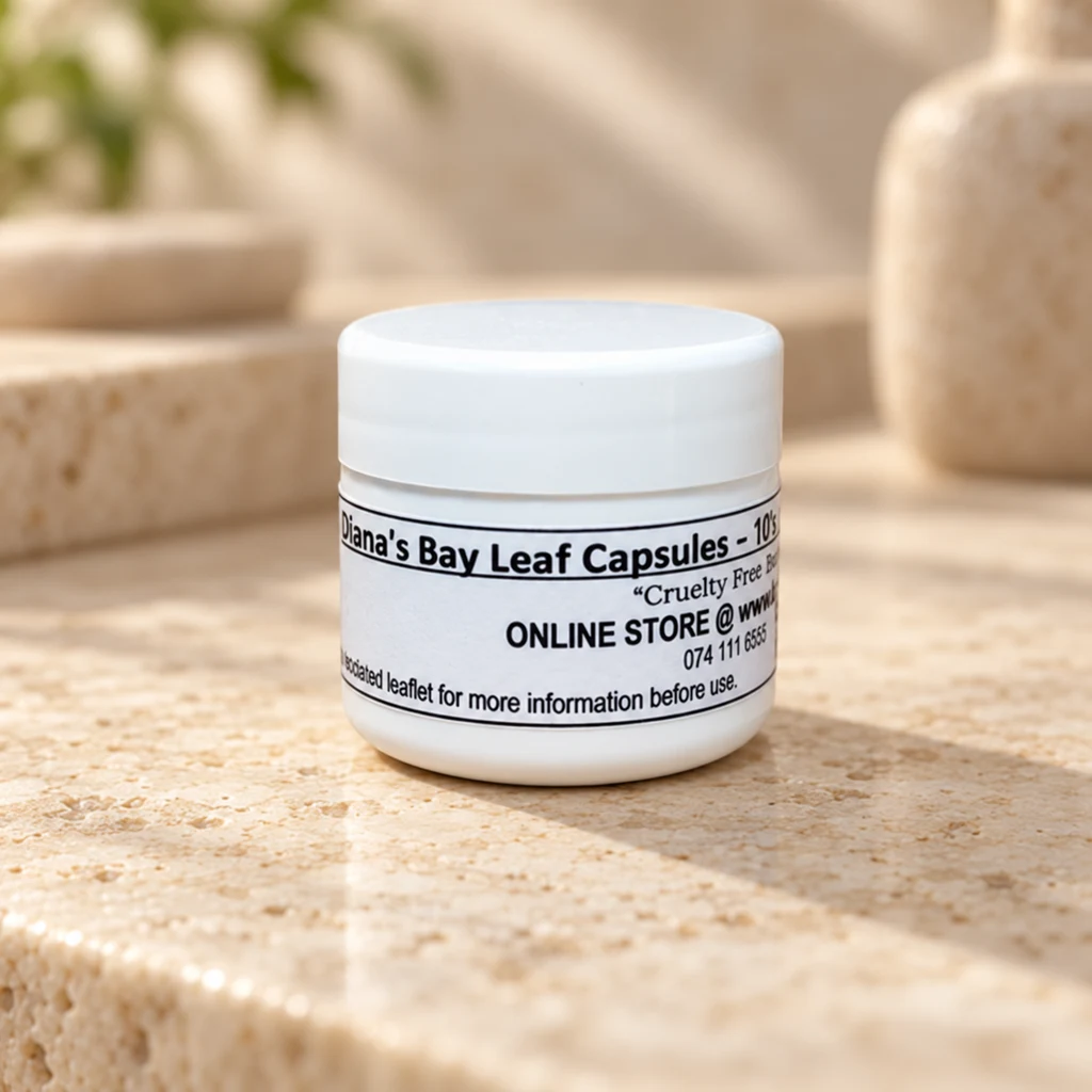 Bay Leaf Powder 600mg “Vegan” Capsules – 10’s — Diana's product in a warm stone editorial setting