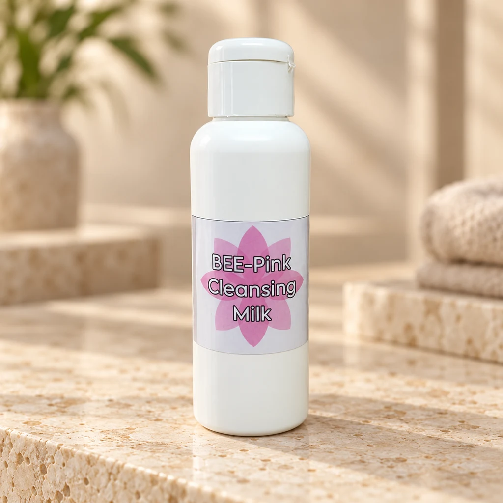 BEE-Pink Cleansing Milk — Diana's product in a warm stone editorial setting