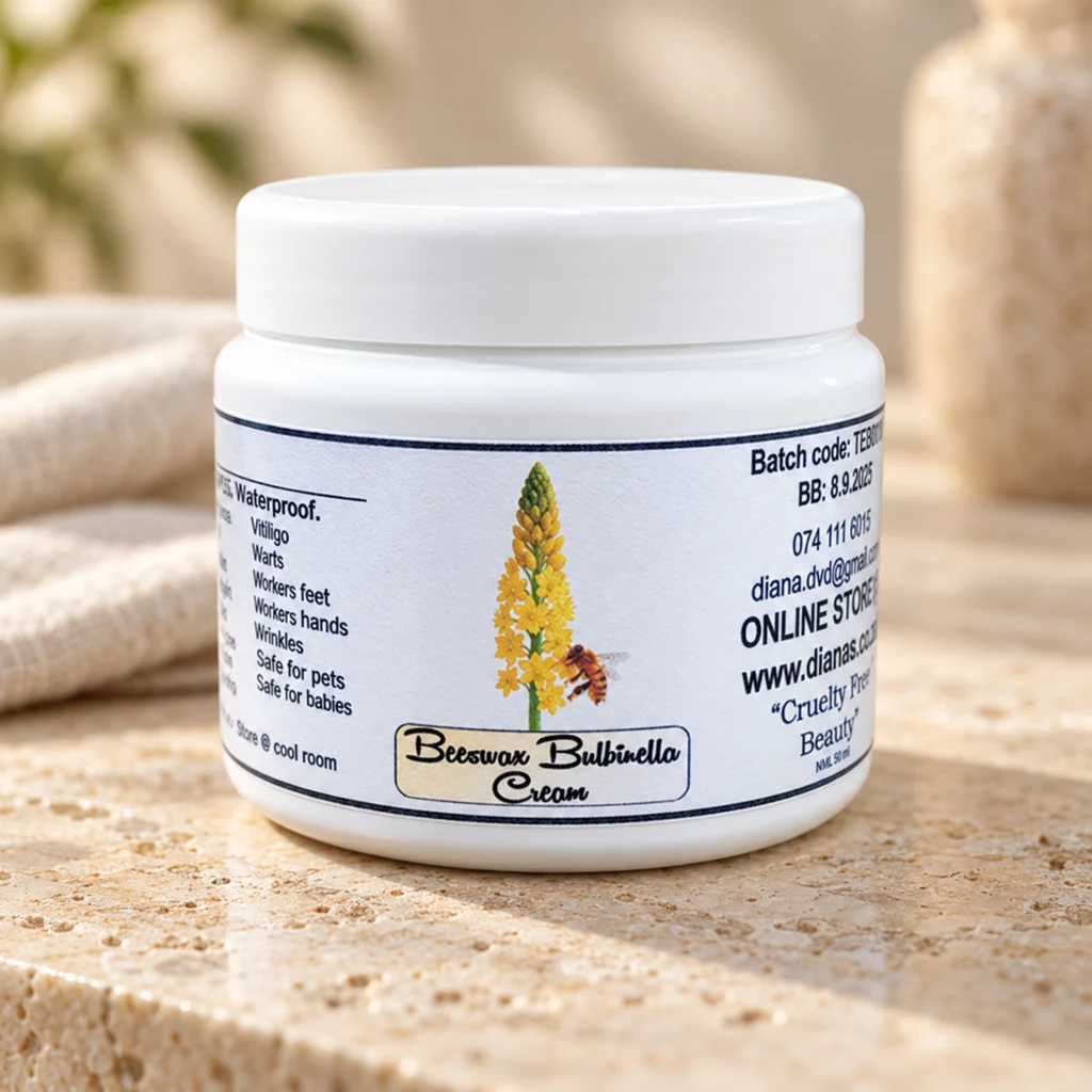 Beeswax Bulbinella Cream — Diana's product in a warm stone editorial setting