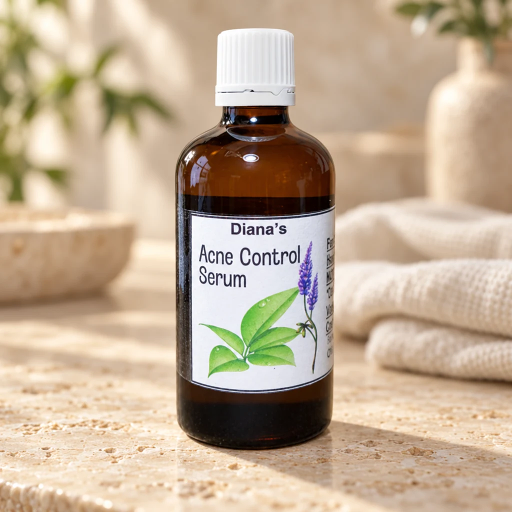 Acne Support Serum — Diana's product in a warm stone editorial setting