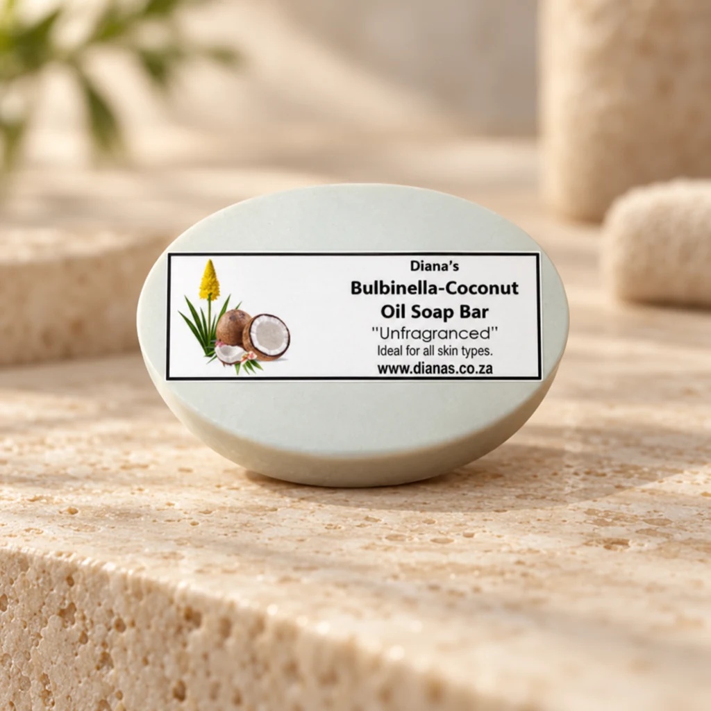Bulbinella Coconut Oil Soap Bar — Diana's product in a warm stone editorial setting