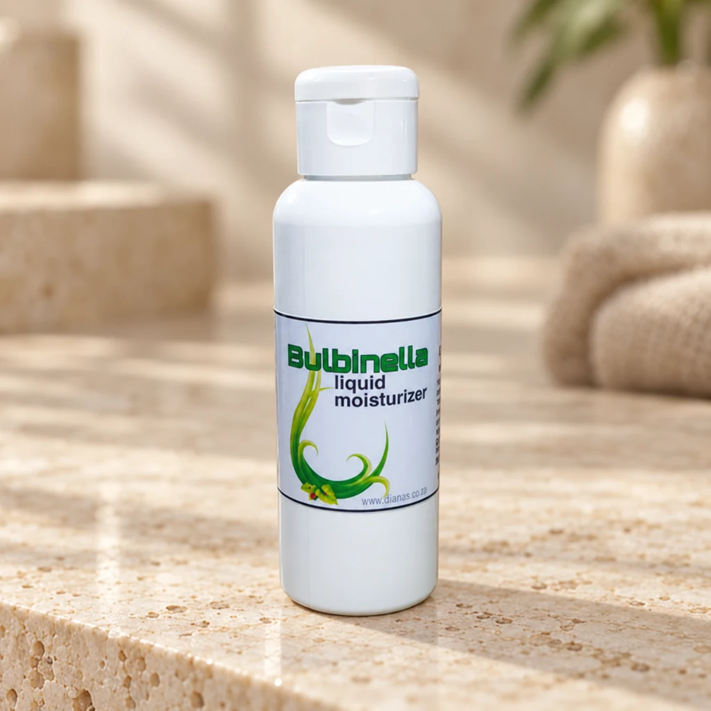 Bulbinella Liquid Moisturizer — Diana's product in a warm stone editorial setting