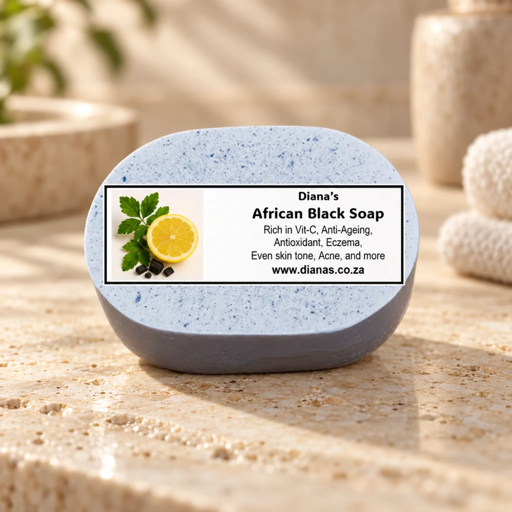 African Black Soap Bar — Diana's product in a warm stone editorial setting