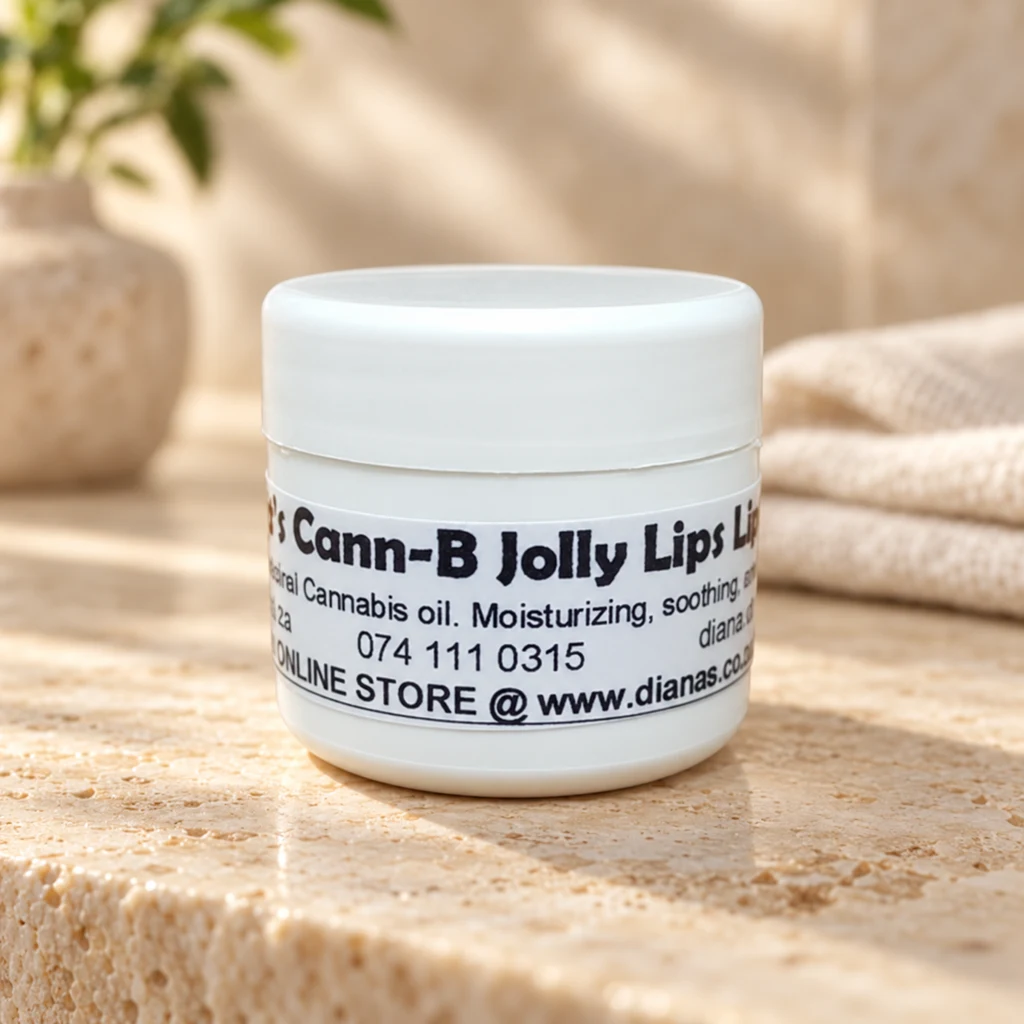 Cann-B Jolly Lips Lip Balm — Diana's product in a warm stone editorial setting