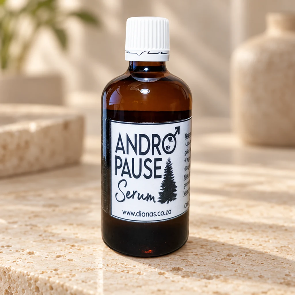 Andropause Support Serum — Diana's product in a warm stone editorial setting