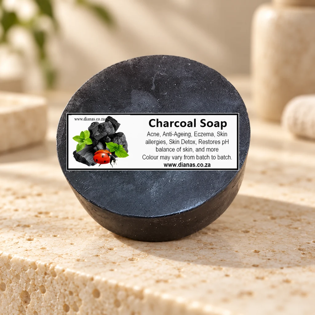 Charcoal Glycerine Soap Bar — Diana's product in a warm stone editorial setting