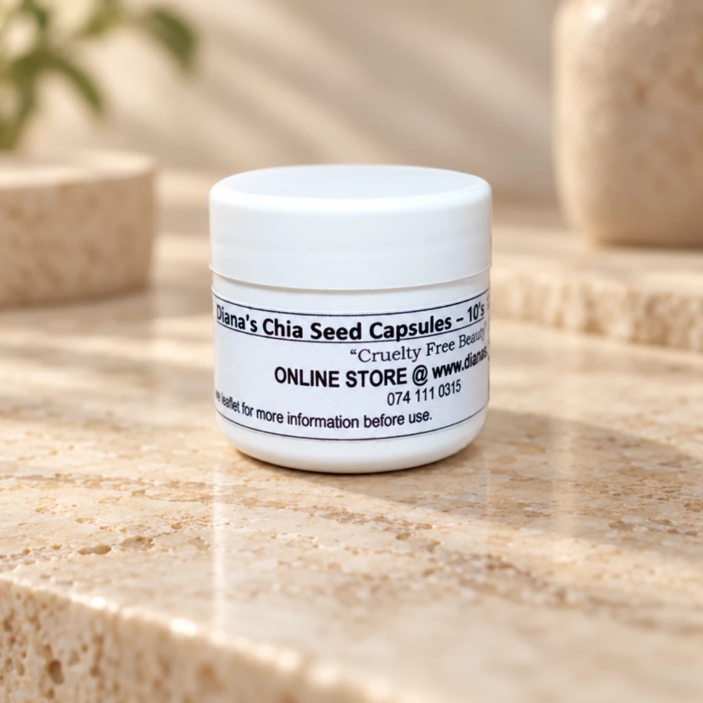 Chia Seed 600mg “Vegan” Capsules – 10’s — Diana's product in a warm stone editorial setting