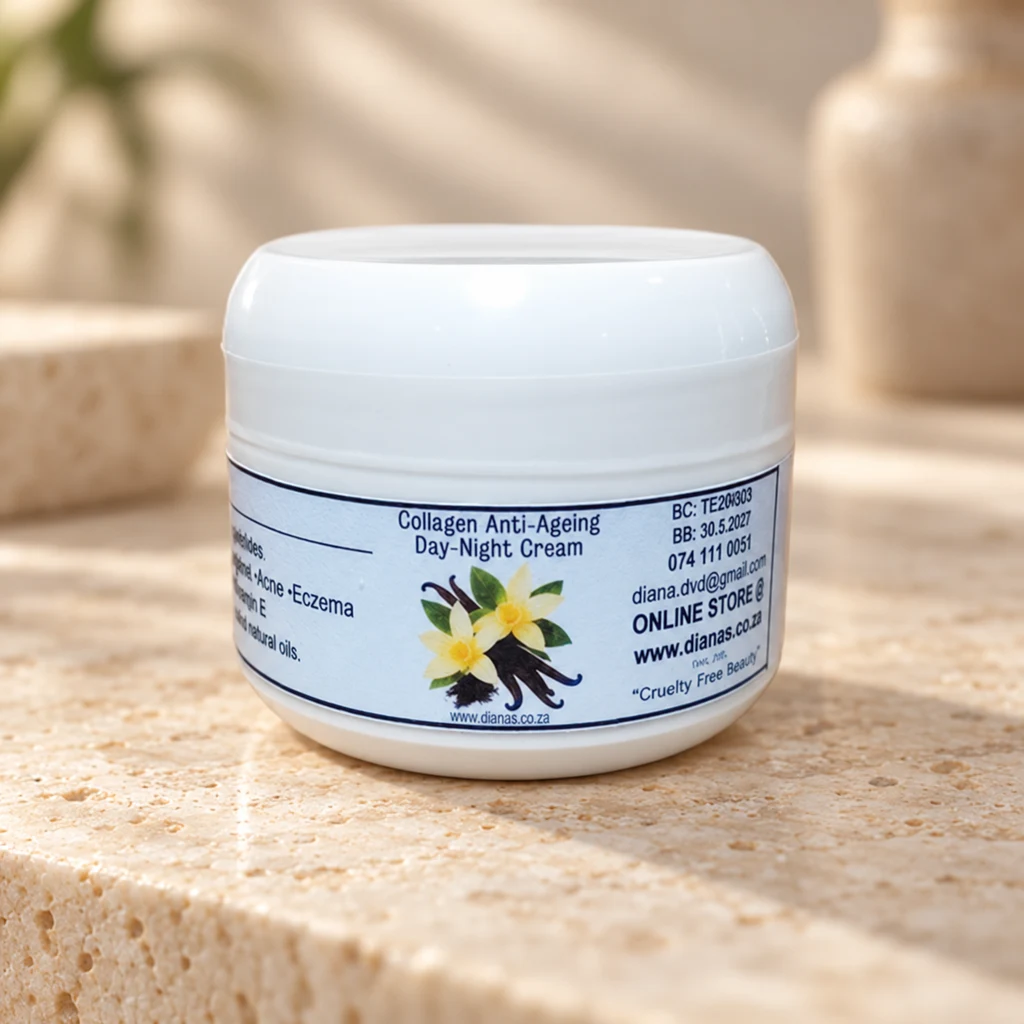 Collagen Anti-Ageing Day-Night Cream — Diana's product in a warm stone editorial setting