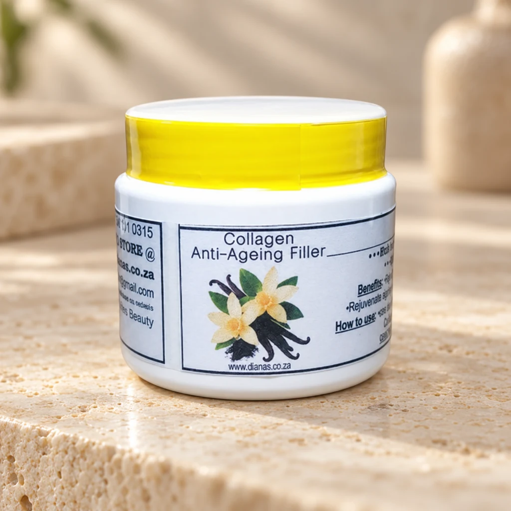 Collagen Anti-Ageing Filler — Diana's product in a warm stone editorial setting
