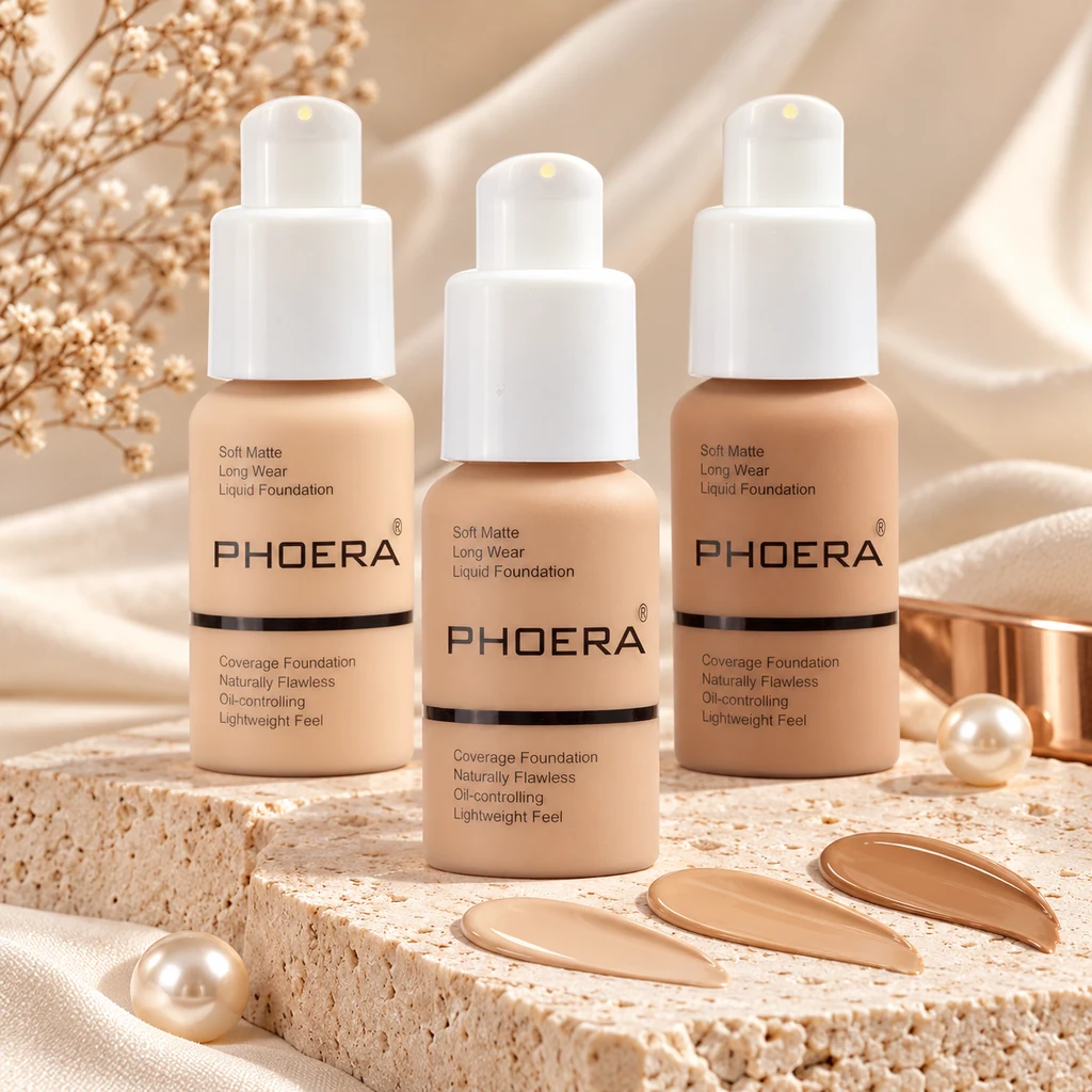 PHOERA Full Coverage Liquid Foundation in original PHOERA packaging, premium Katjiepiering editorial photograph