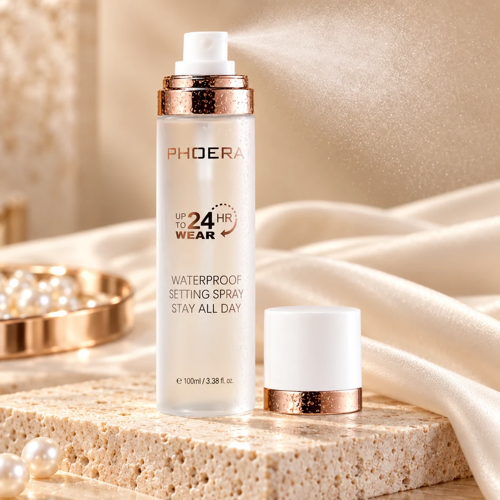 PHOERA 24 Hour Wear Waterproof Matte Makeup Setting Spray 100ml in original PHOERA packaging, premium Katjiepiering editorial photograph