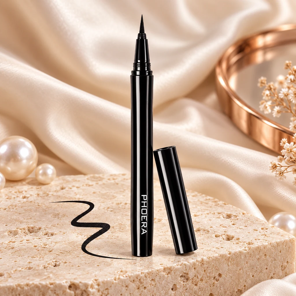 PHOERA Waterproof Liquid Eyeliner in original PHOERA packaging, premium Katjiepiering editorial photograph