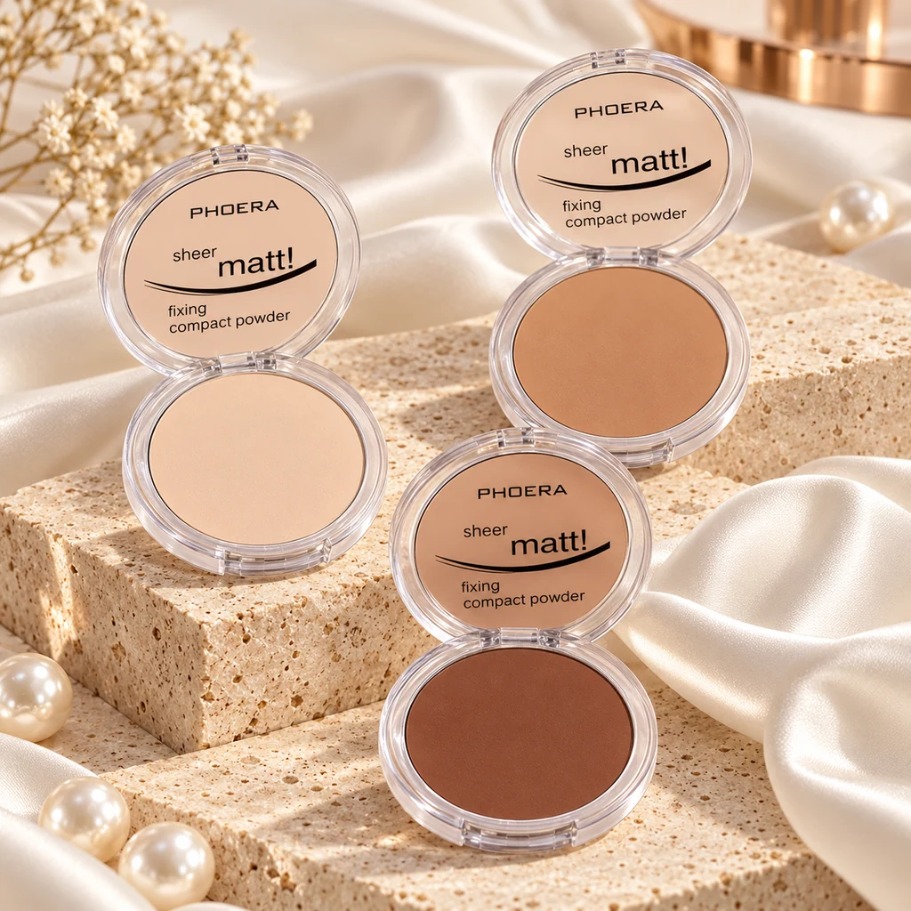 PHOERA Compact Foundation Pressed Powder in original PHOERA packaging, premium Katjiepiering editorial photograph