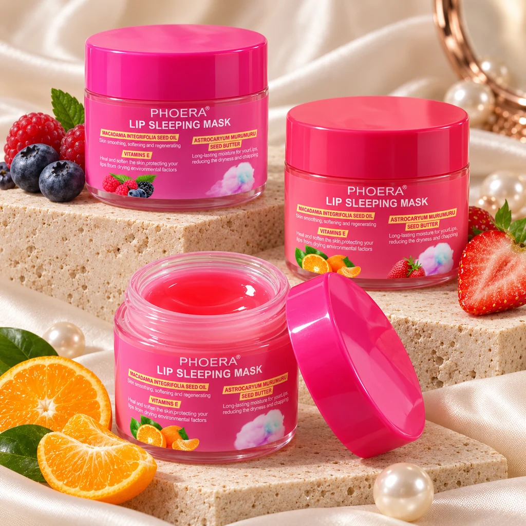 PHOERA Nourish Lip Sleeping Mask in original PHOERA packaging, premium Katjiepiering editorial photograph