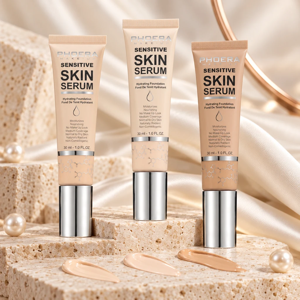 PHOERA Hydrating Skincare Foundation with Hyaluronic acid in original PHOERA packaging, premium Katjiepiering editorial photograph