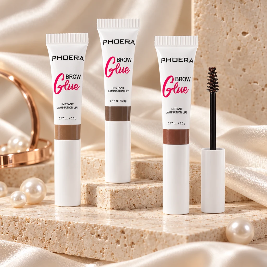 PHOERA Brow Glue Tinted Brow Styler in original PHOERA packaging, premium Katjiepiering editorial photograph