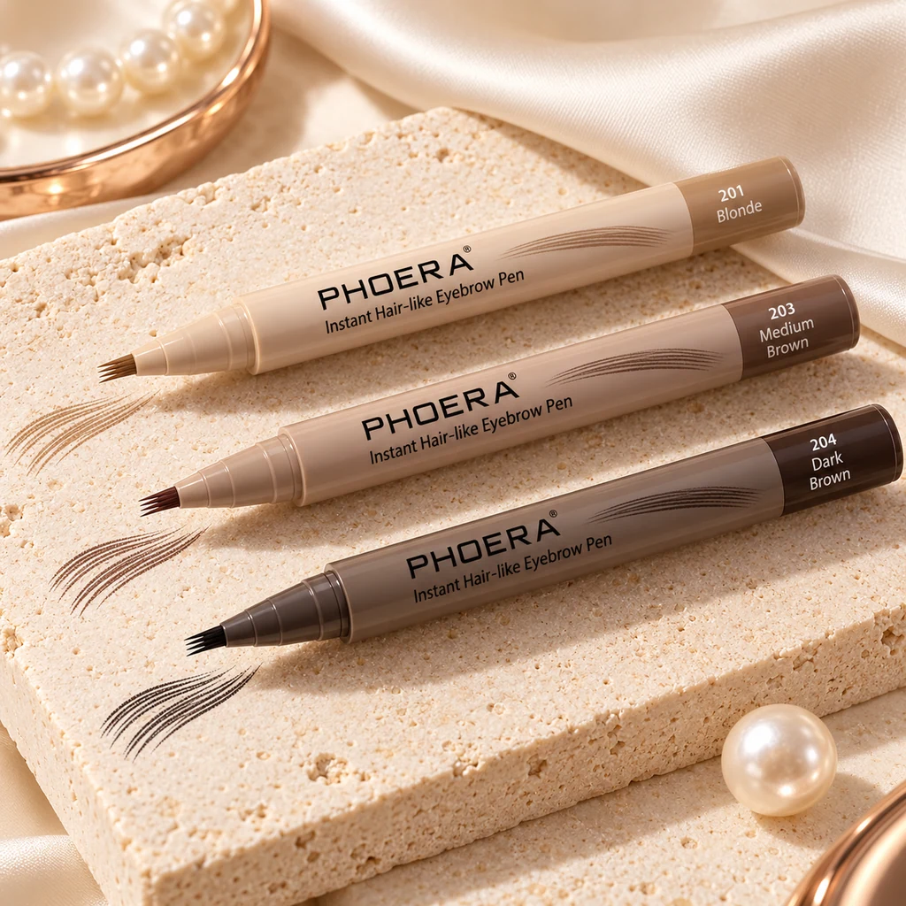 PHOERA Instant Hair-like Eyebrow Pen in original PHOERA packaging, premium Katjiepiering editorial photograph
