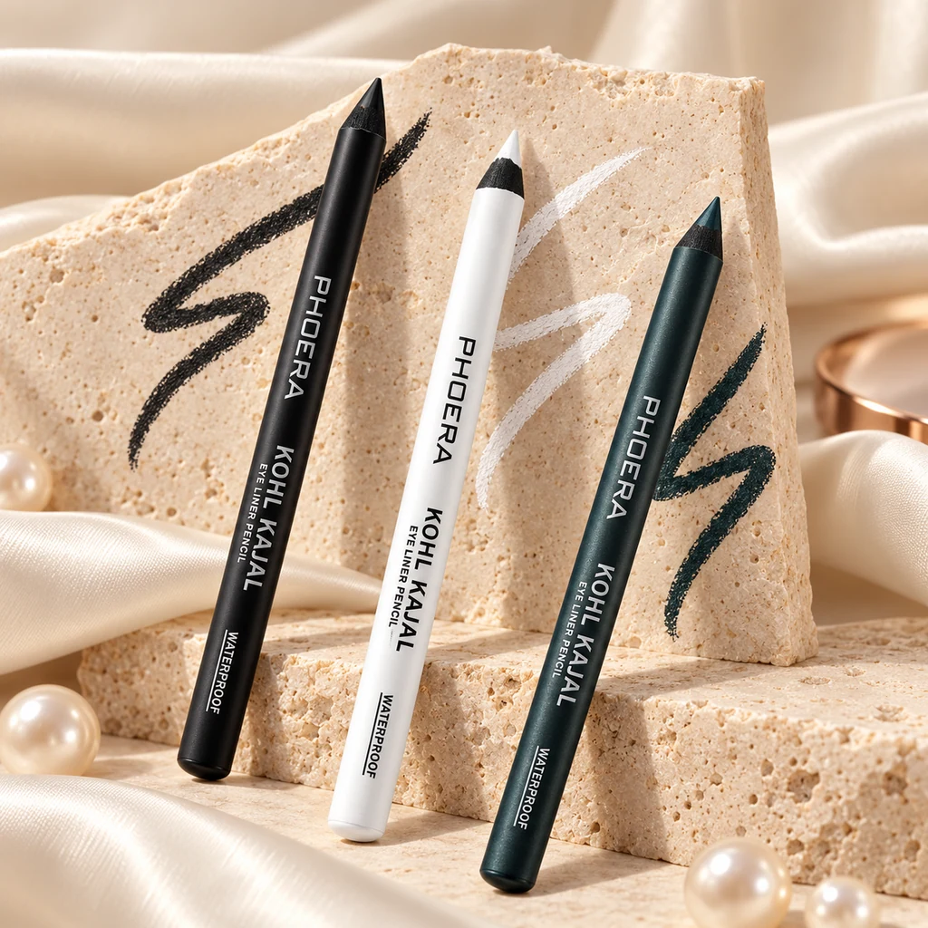 PHOERA Kohl Kajal Eye Liner Pencil Waterproof in original PHOERA packaging, premium Katjiepiering editorial photograph