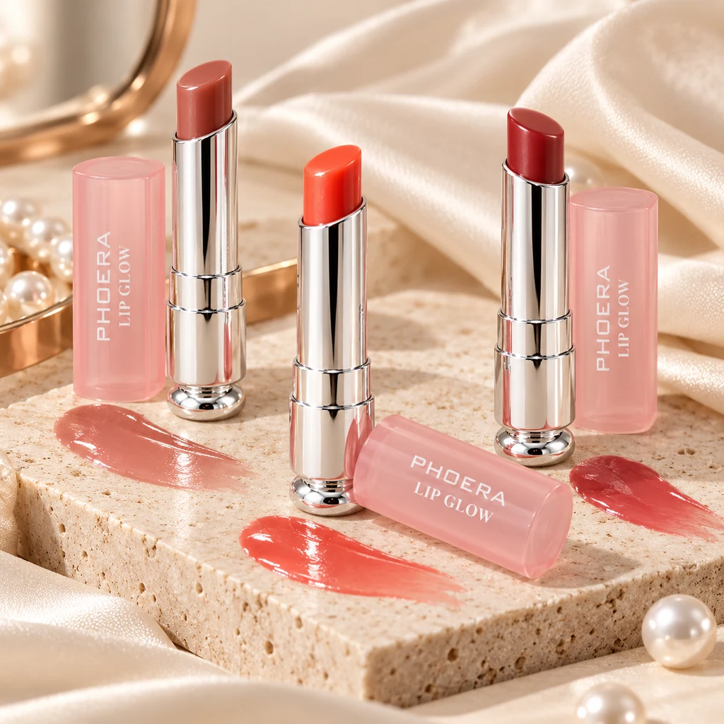 PHOERA Lip Glow Color Reviver Balm in original PHOERA packaging, premium Katjiepiering editorial photograph