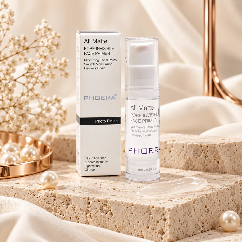 PHOERA Matte Makeup Primer 6ml -18ml in original PHOERA packaging, premium Katjiepiering editorial photograph