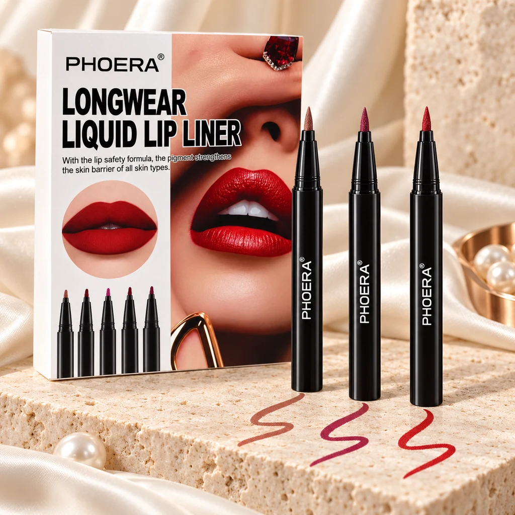 PHOERA Longwear Liquid Lip Liner in original PHOERA packaging, premium Katjiepiering editorial photograph