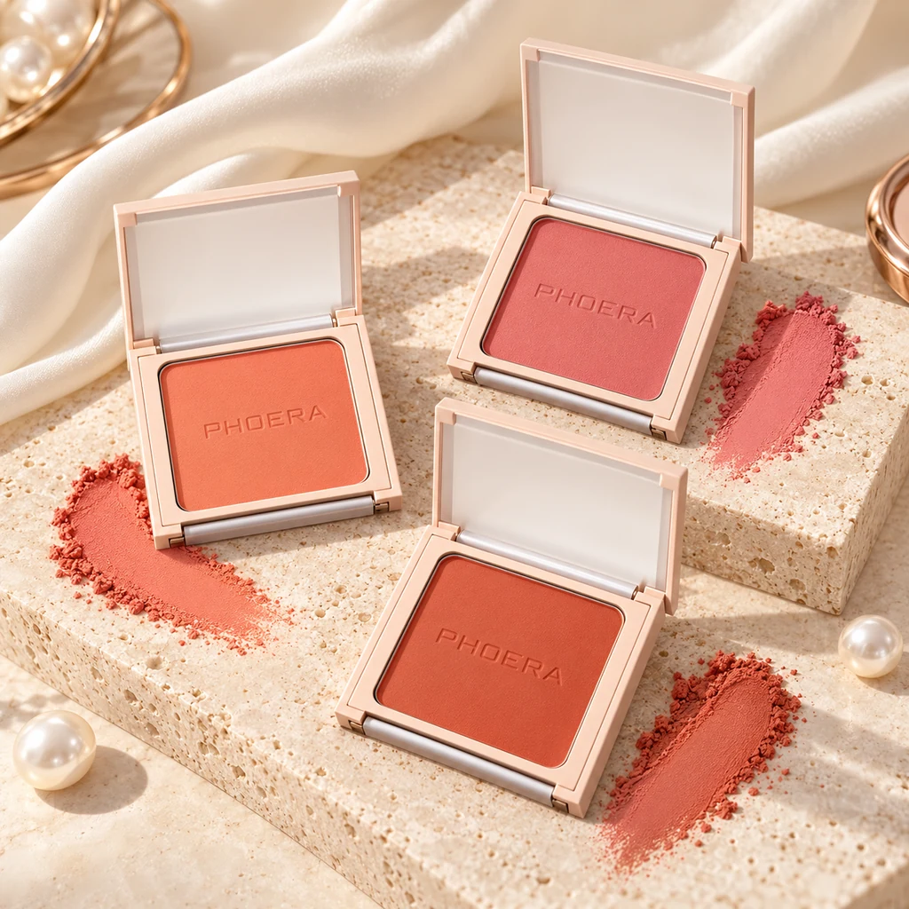 PHOERA Radiant Matte Powder Blush in original PHOERA packaging, premium Katjiepiering editorial photograph