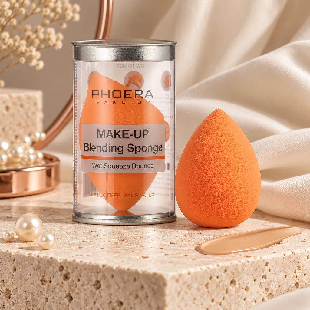PHOERA Makeup Sponge Latex-free and Vegan Makeup Blender for Liquid Foundation & Powder Application in original PHOERA packaging, premium Katjiepiering editorial photograph