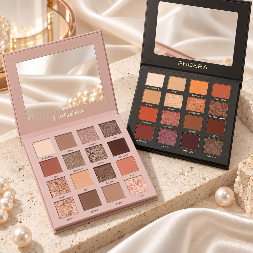 PHOERA ULTIMATE Eyeshadow X16 Palette in original PHOERA packaging, premium Katjiepiering editorial photograph