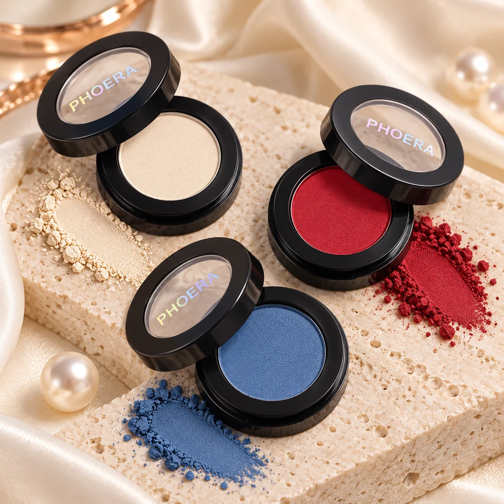 PHOERA Highly Pigmented Matte Eyeshadow in original PHOERA packaging, premium Katjiepiering editorial photograph