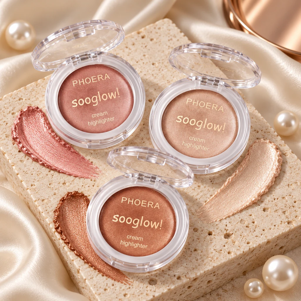 PHOERA Illuminator Shimmer Cream Highlighter in original PHOERA packaging, premium Katjiepiering editorial photograph