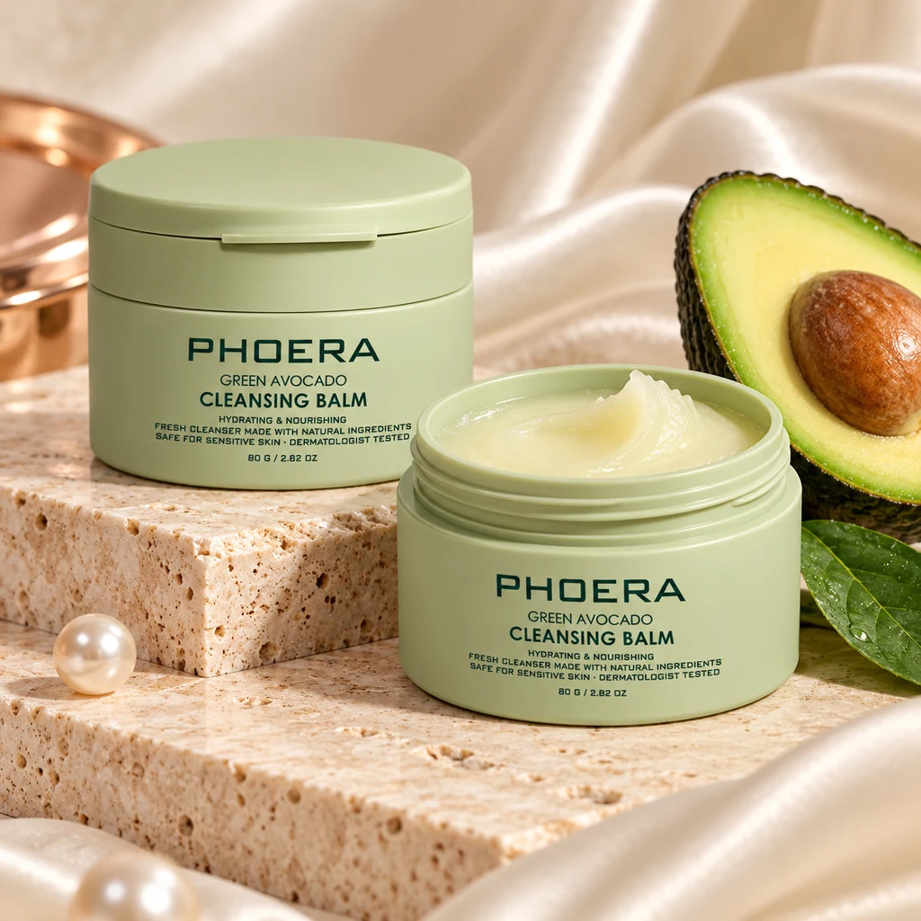 PHOERA Green Avocado Cleansing Balm 80g in original PHOERA packaging, premium Katjiepiering editorial photograph