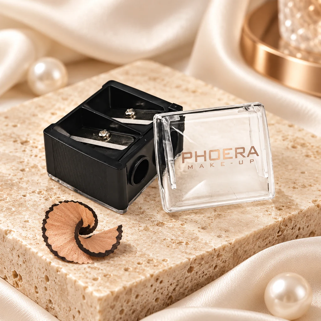 PHOERA Makeup Pencil Sharpener Dual Holes Eyeliner Sharpener for Eyeliner & Lipliner Pencils in original PHOERA packaging, premium Katjiepiering editorial photograph