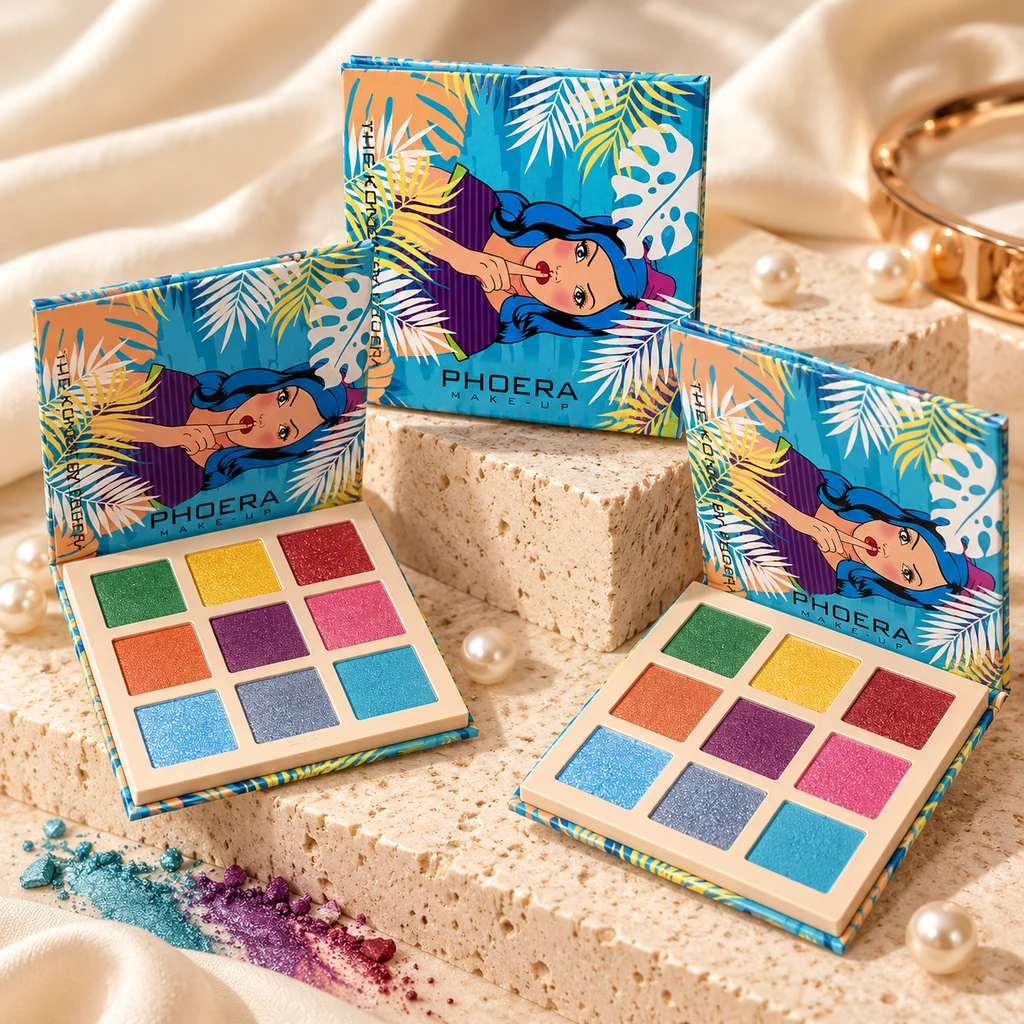 PHOERA Highly Pigmented Eyeshadow X9 Palette in original PHOERA packaging, premium Katjiepiering editorial photograph
