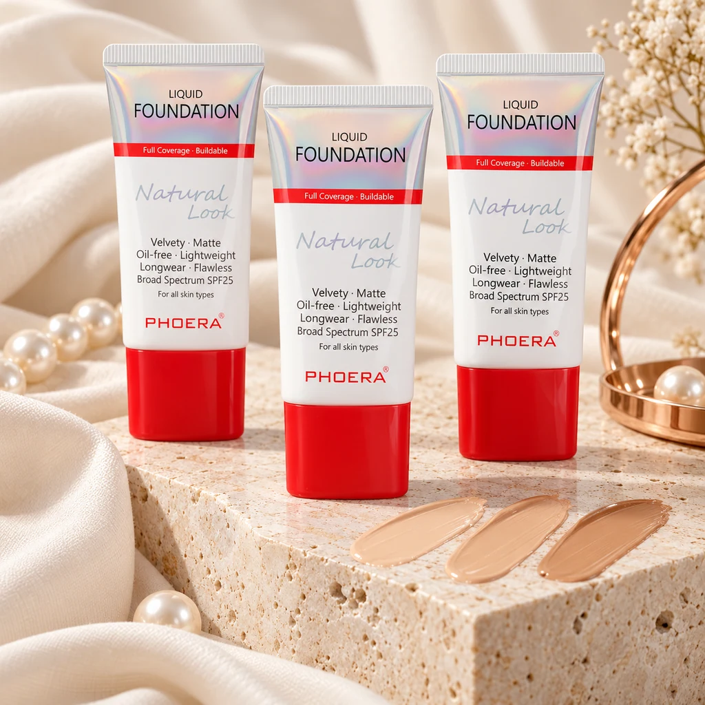 PHOERA Velvety Matte Cover Liquid Foundation in original PHOERA packaging, premium Katjiepiering editorial photograph