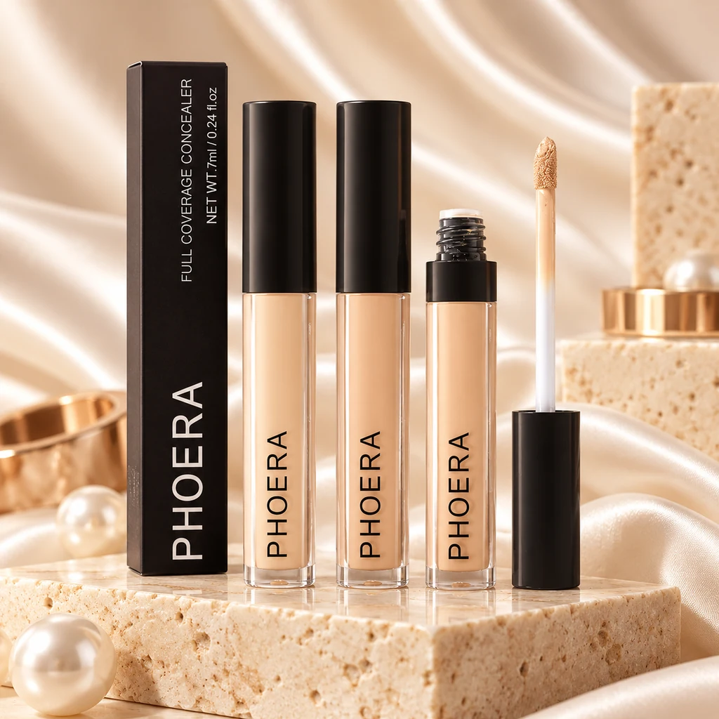 PHOERA Foundation Creamy Liquid Concealer in original PHOERA packaging, premium Katjiepiering editorial photograph