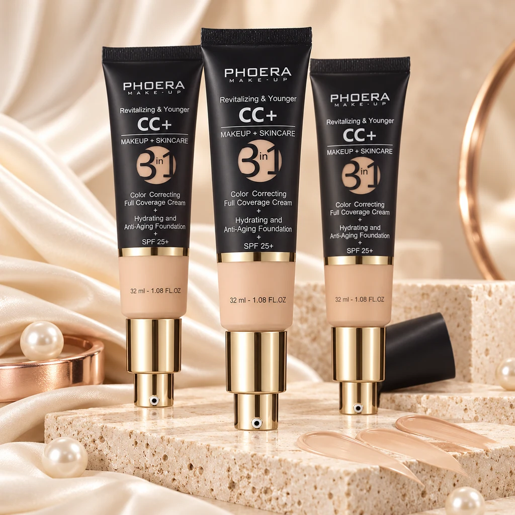 PHOERA CC+ Cream Foundation in original PHOERA packaging, premium Katjiepiering editorial photograph
